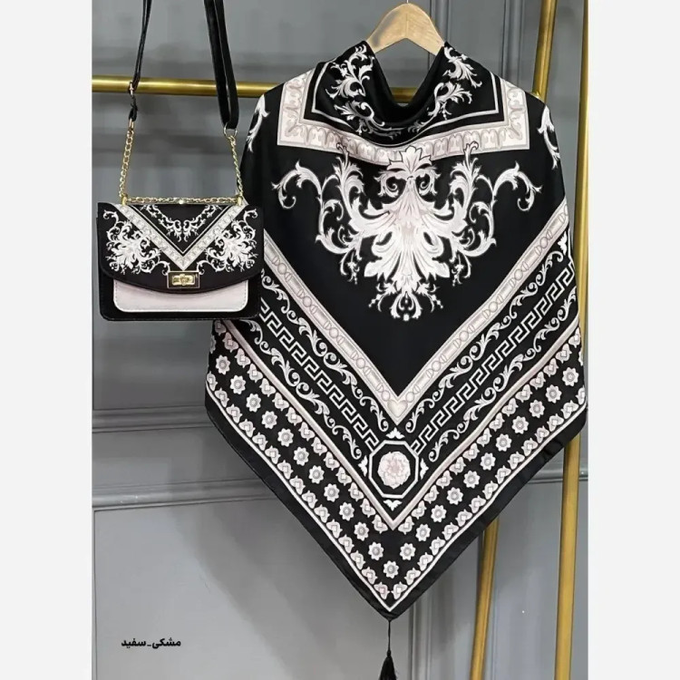 ست کیف و روسری مخمل و چرم صنعتی سورنا رنگ سرمهای و مشکی سفید