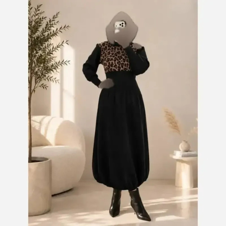کفتان بافت زنانه طرح ساعت شنی پلنگی فری سایز پشت نخ درجه یک
