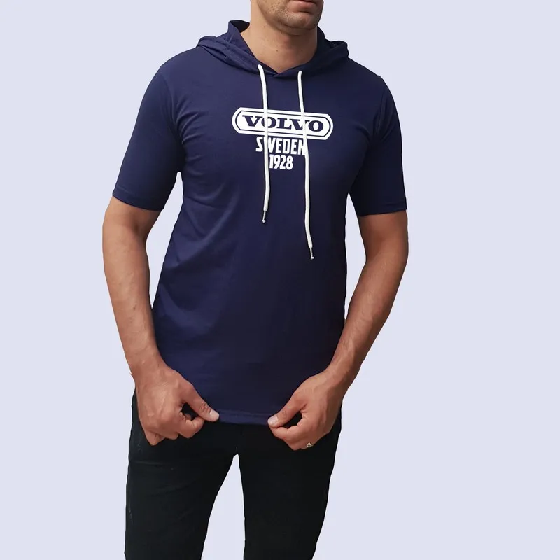 تیشرت کلاه دار آستین کوتاه مردانه نخی سورمه ای طرح volvo سایز L XL 2XL