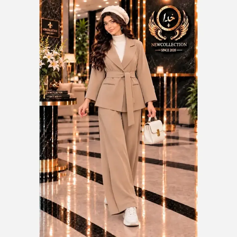 کت و شلوار زنانه جنس سوپرمازراتی اعلا مدل ملکه رنگ مشکی و کرم خاص سایز 38 تا 46 فری