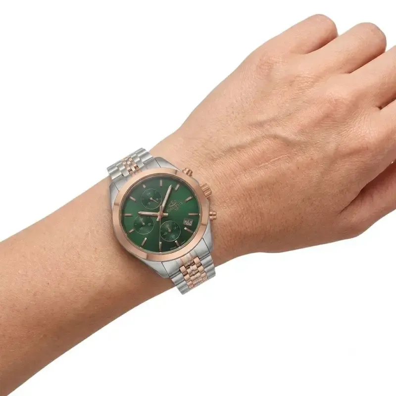 ساعت مچی زنانه الگانس کرنوگراف سه موتور فعال استیل رزگلد صفحه سبز