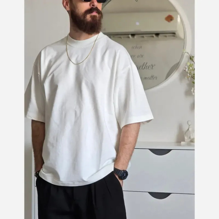 تیشرت باکسی بیسیک پگادور پارچه دورس دو نخ سایز L XL XXL رنگ بندی مداد رنگی