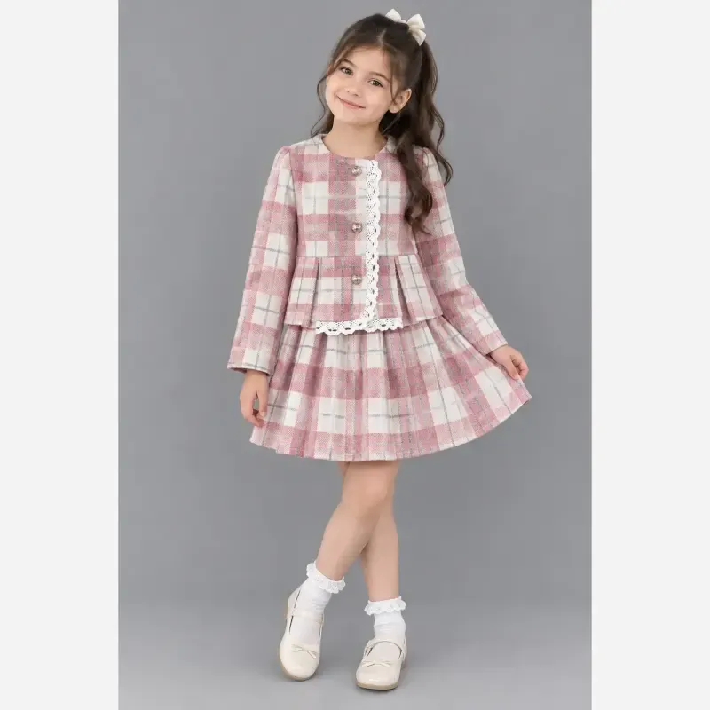 ست کت و دامن پشمی چهارخونه دخترانه
