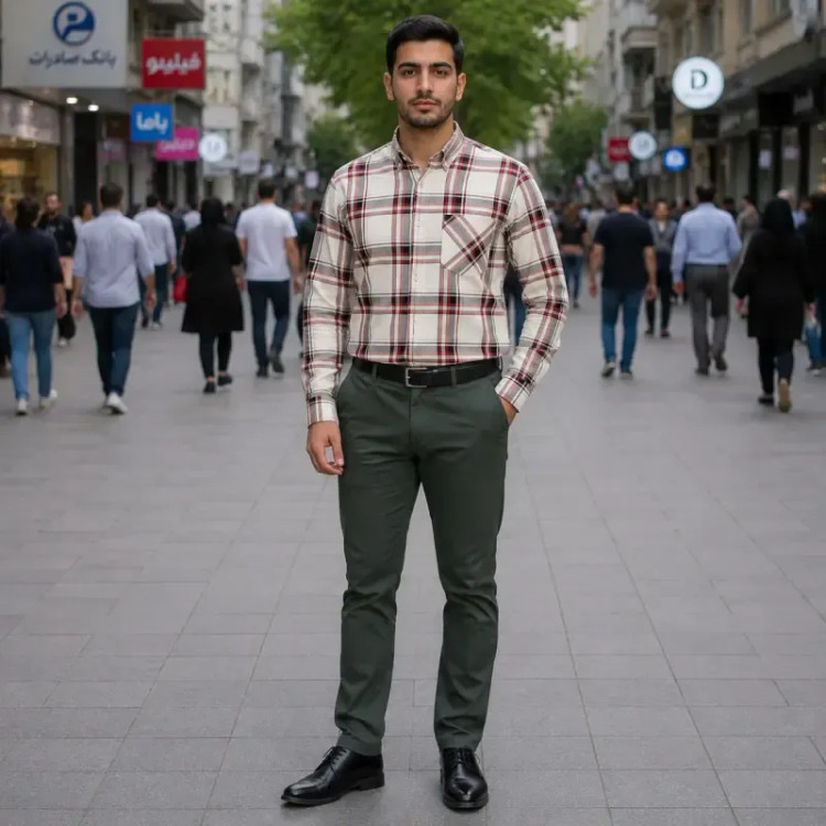 پیراهن آستین بلند مردانه نخی چهارخانه قواره آزاد نخ پنبه