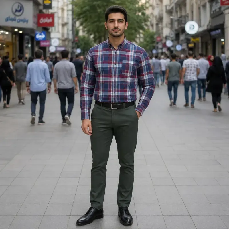 پیراهن آستین بلند مردانه نخی چهارخانه قواره آزاد نخ پنبه