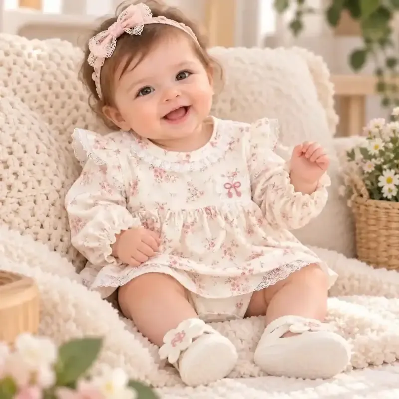 بادی دامندار مجلسی نوزادی دخترانه پیراهن رز صورتی گل گلی پنبه ای