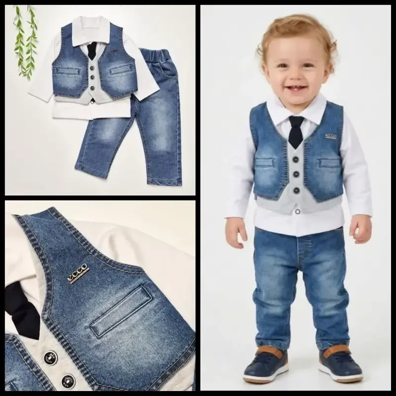 ست 4 تکه جین نوزادی مجلسی پسرانه بلوز و شلوار جین و ژیله و کراوات مناسب 9 ماه تا 2 سال